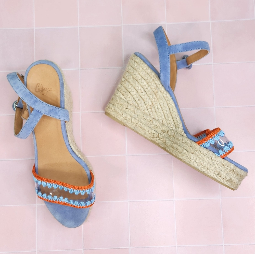 Castaner Blue Suede Espadrille Wedge Sandals with Orange Trim
